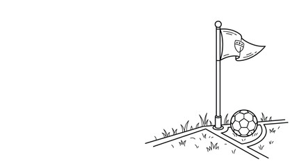 Black and white line drawing of a soccer ball at the corner flag. © sumi ari