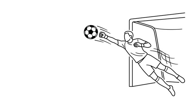 Black and white line art illustration of a soccer goalkeeper making a diving save.