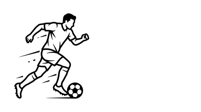 Black and white line art illustration of a soccer player dribbling a ball.