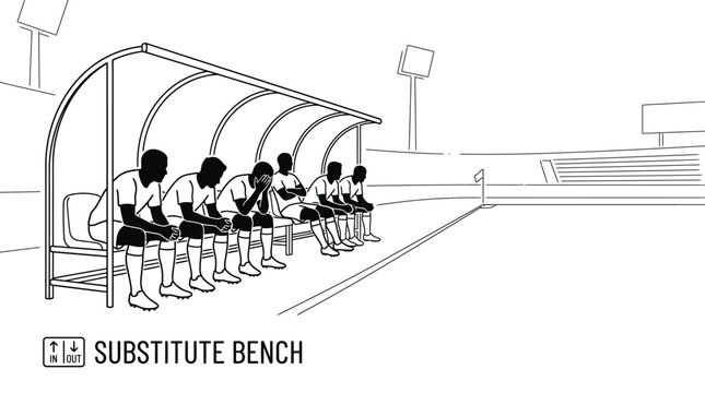 Black and white line art illustration of a soccer substitute bench with players sitting.