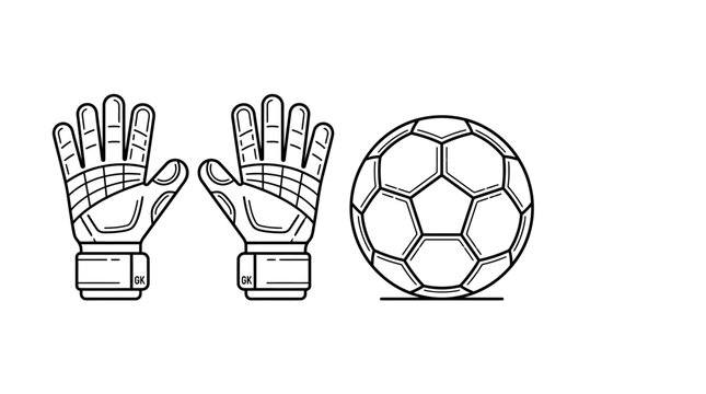 Black and white line art illustration of soccer goalkeeper gloves and a soccer ball.