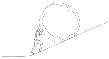 Fototapeta premium Man Pushing Large Rock Uphill - Continuous Line Art