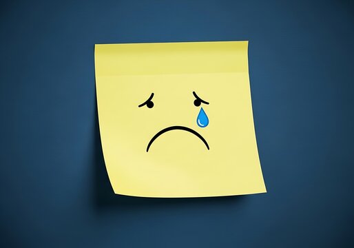 Sad Face Emoji on Yellow Sticky Note with Tear.