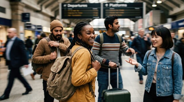 Diverse group of young adult friends traveling together at a busy train station terminal, carrying backpacks and luggage, representing travel adventure and friendship