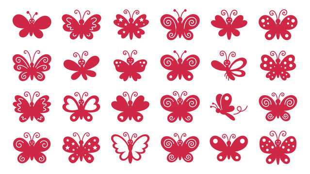 Collection of various red butterfly silhouettes with ornate wings and patterns.