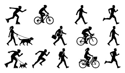 Fototapeta premium Outdoor Lifestyle Silhouette Vector Pack Featuring Cycling Running Rollerblading and Dog Walking Activities