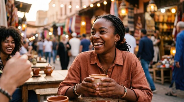 Happy young Black woman laughing while drinking coffee at an outdoor market cafe, authentic travel lifestyle portrait of a female tourist enjoying vacation in a bustling souk