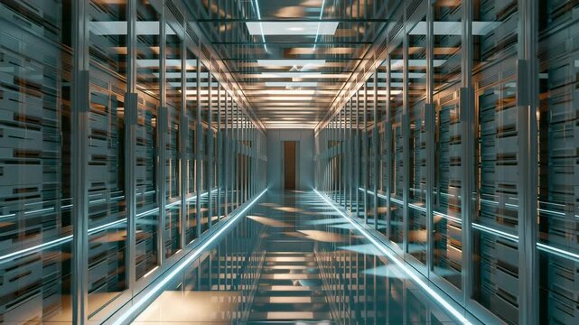 Modern server corridor data center aisle with reflective floor, sleek racks and metallic architecture, glowing blue LED lighting and ambient symmetry