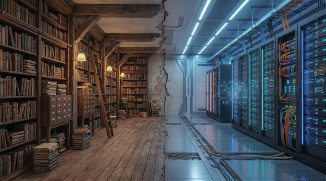 Wide split view contrasting an old timber library with a rolling ladder and a futuristic white data center with colorful network cables and glowing particle graphics.