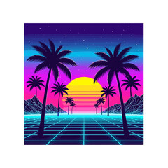 Obraz premium Retro Synthwave Landscape with Palm Trees and Neon Sun Backdrop