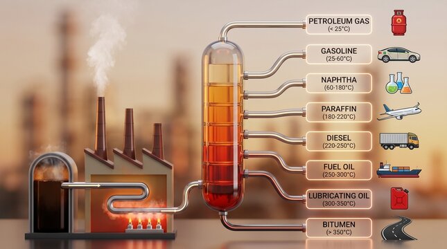 Fractional distillation of crude oil in a refinery showing various petroleum products and their uses.