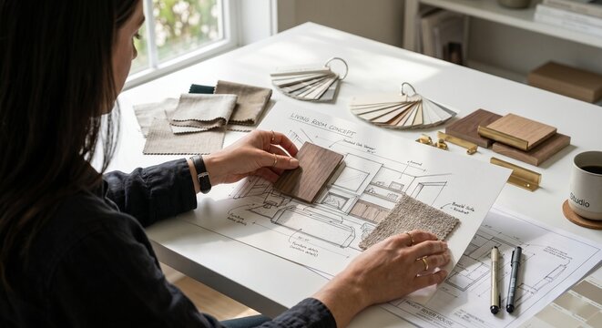 Female interior designer analyzing architectural blueprints and material swatches for a living room concept