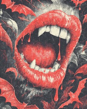 Detailed illustration of red vampire mouth with sharp teeth and dripping blood in gothic style