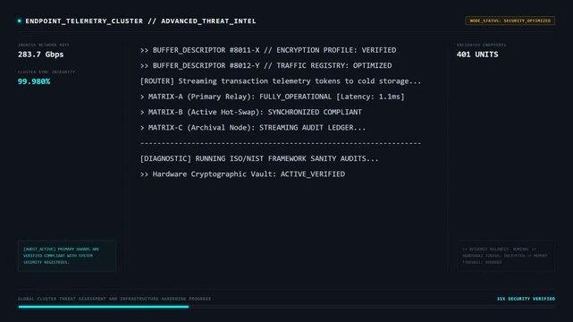 Neural Core Network Matrix Displaying Deployed Mesh Nodes Integrity Index and Global Distributed Router Analytics Status.
