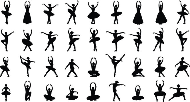 Large vector set of black ballerina silhouettes in elegant poses isolated on white background for dance studio branding and performing arts graphic design