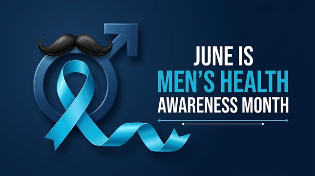 June is men's health awareness month blue ribbon male symbol mustache dark background.