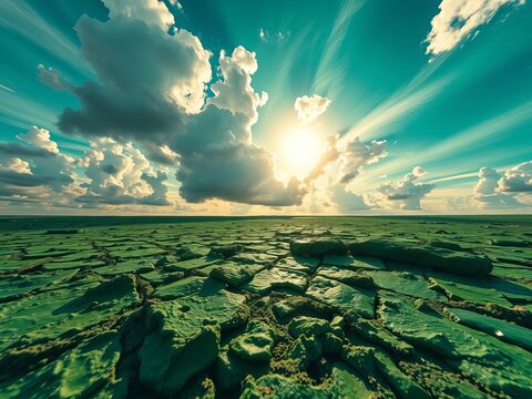 Emerald expanse alive with electric hues, angled wildly under an assertive sky,  modern,  creative