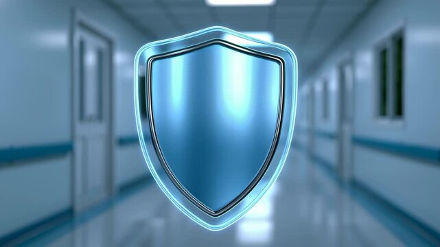 Shiny transparent blue shield black border glowing chrome medical corridor security protection blue shield transparent glossy protective emblem