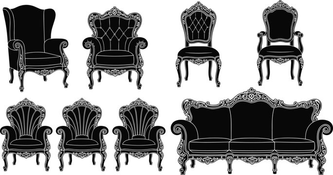 Vintage Baroque Furniture Silhouette Set featuring Classic Armchairs Royale Sofa and Antique Victorian Chairs Vector Illustration for Interior Design Decor and Luxury Home Branding
