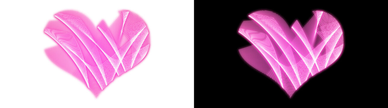 Magenta wire light filament heart shape with glowing neon lines on transparent and black background, abstract love and romance graphic for design and overlay