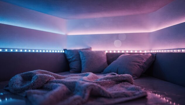 Medium shot capturing colorful LED lights gently glowing in a lowlight sensory alcove enhancing visual stimulation and relaxation.