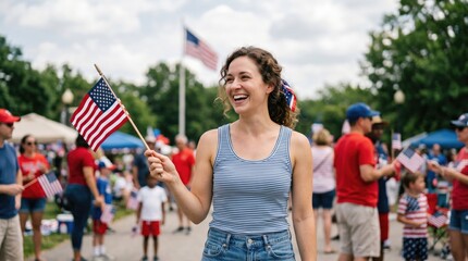 Naklejka premium Happy young woman holding small American flag at outdoor patriotic community celebration event, celebrating national holiday with friends and family in summer