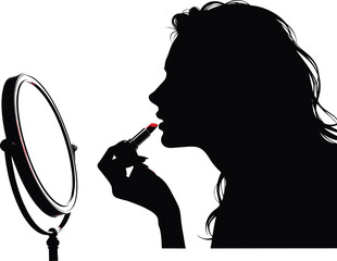 Woman applying lipstick in mirror silhouette, female beauty routine with makeup cosmetic, elegant profile portrait isolated on white background, fashion and glamour concept © MdAbdur