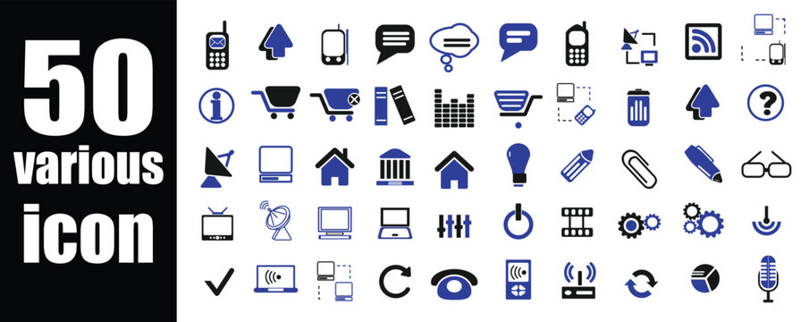 50 Various Icons Set &ndash; Blue Minimal Flat Symbols Collection for Web, App, and UI Design