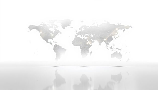 Grayscale digital world map with subtle reflection on a clean white background representing global network data interconnected business connection technology business internet communication