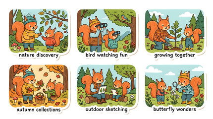 Naklejka premium Adorable cartoon squirrels engaging in various outdoor activities like nature discovery, bird watching, and planting, perfect for educational and family-themed content