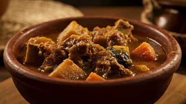 Hearty meat and vegetable stew in traditional earthenware bowl. Savory casserole dish featuring slow-cooked beef or goat chunks, yams, and spinach in a dark, rustic setting.