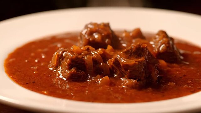 Serving delicious homemade beef stew or traditional hungarian goulash onto a white plate, close-up shot of rich meat chunks and savory red sauce with warm lighting.