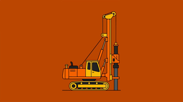 Illustration of a yellow pile driver construction machine.