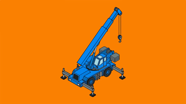 Isometric illustration of a blue construction mobile crane on orange background.