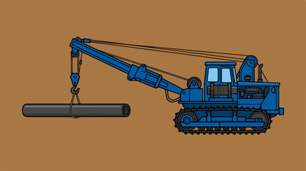 Obraz premium Pixel art illustration of a blue tracked pipelayer crane lifting a large pipe.