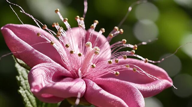 Macro Close-Up of a Delicate Pink Flower with Prominent Stamen and Soft Bokeh
