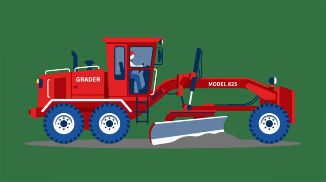 Red motor grader construction vehicle side view.