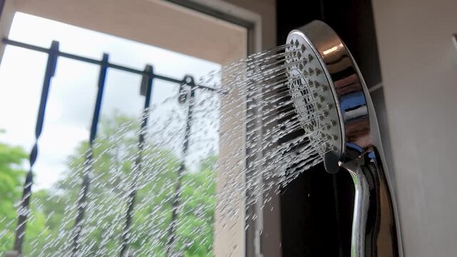 Close Up of Chrome Shower Head Spraying Water in Slow Motion