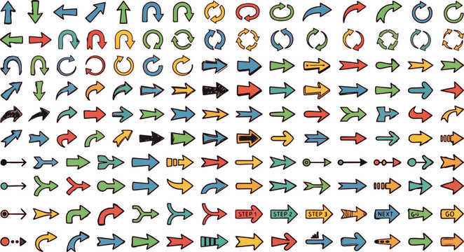 Arrows in multicolored styles feature a wide variety of directional indicators and UI elements.