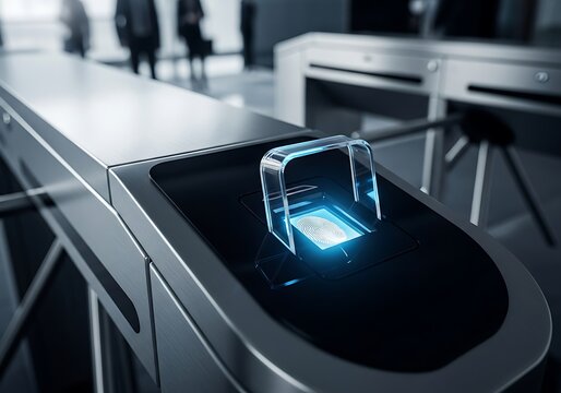 Modern Biometric Fingerprint Scanner Glowing on Security Turnstile in Office Entrance