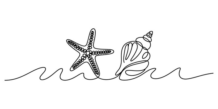 Continuous single line drawing of a starfish and a seashell on ocean waves representing summer vacation and beach relaxation in a simple minimalist style Vector, illustration