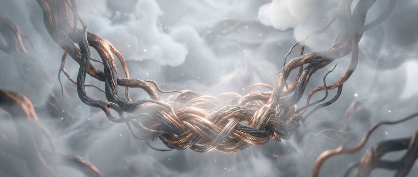 Floating Root System of a Tree in Misty Atmosphere Symbolizing Growth and Renewal