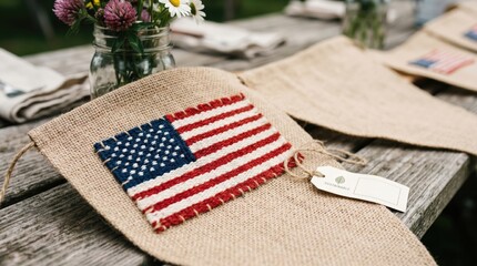 Obraz premium Rustic Burlap American Flag Banner Decoration for Patriotic Independence Day Party Table Setting or Outdoor Summer Celebration Decor