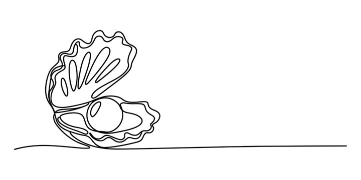 Continuous single line drawing of an open seashell with a beautiful round pearl inside as a simple minimalist icon for ocean marine life and jewelry design Vector, illustration