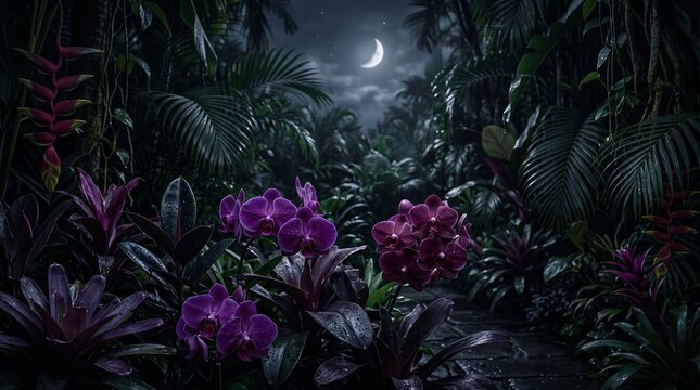 Mystical moonlit tropical garden path with orchids and lush foliage