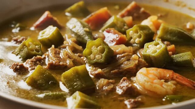 Close-up macro shot of authentic louisiana seafood gumbo stew served in a bowl, featuring chopped okra, shrimp, savory meat, and a rich, traditional creole broth.