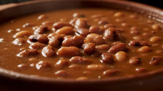 Hearty pinto beans or kidney beans cooked in a thick savory sauce, served hot in a rustic earthenware bowl. Traditional brazilian feij��o or latin american frijoles stew, close-up macro s