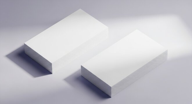 Two blank white business cards stacked on a clean, minimalist surface with soft shadows and light