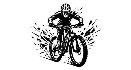 Obraz premium Front View Mountain Cyclist Logo with Geometric Dispersion Effect Vector Illustration