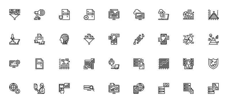 Data analysis icon set. Minimal linear icons pack. Includes symbols for statistics, big data, AI, cloud computing, security, data protection and more. Editable vector stroke.